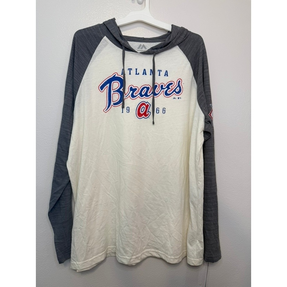 Majestic Atlanta Braves MLB Mens 2XL Raglan Hoodie Shirt Gray White NWT